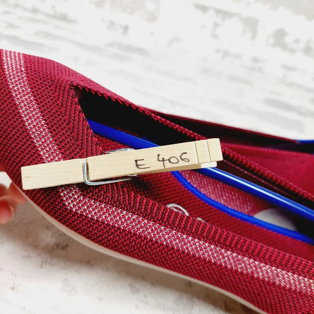Rothy's Red Pointed Toe Knit Flats with Blue Trim